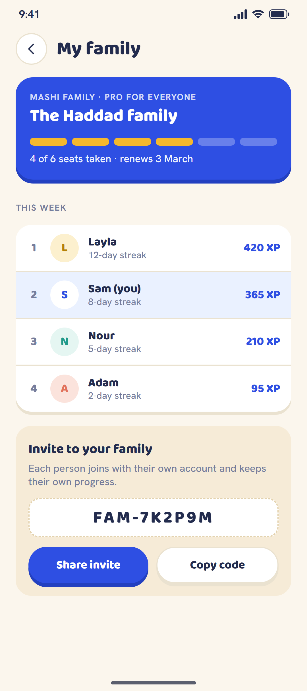Screenshot: My family. Four of six seats taken, this week's XP ranking for each member, and an invite code with Share invite and Copy code.