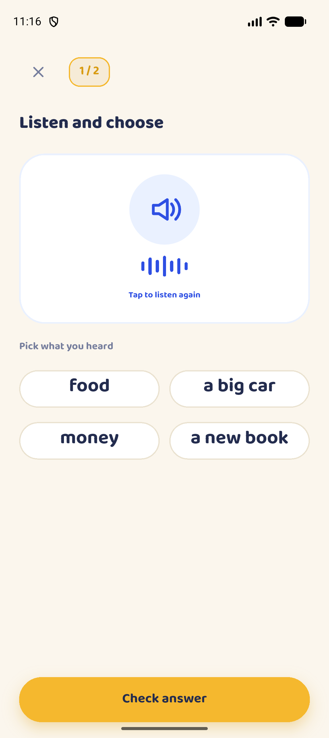 Screenshot: Listen and choose. A speaker button and four English answers.