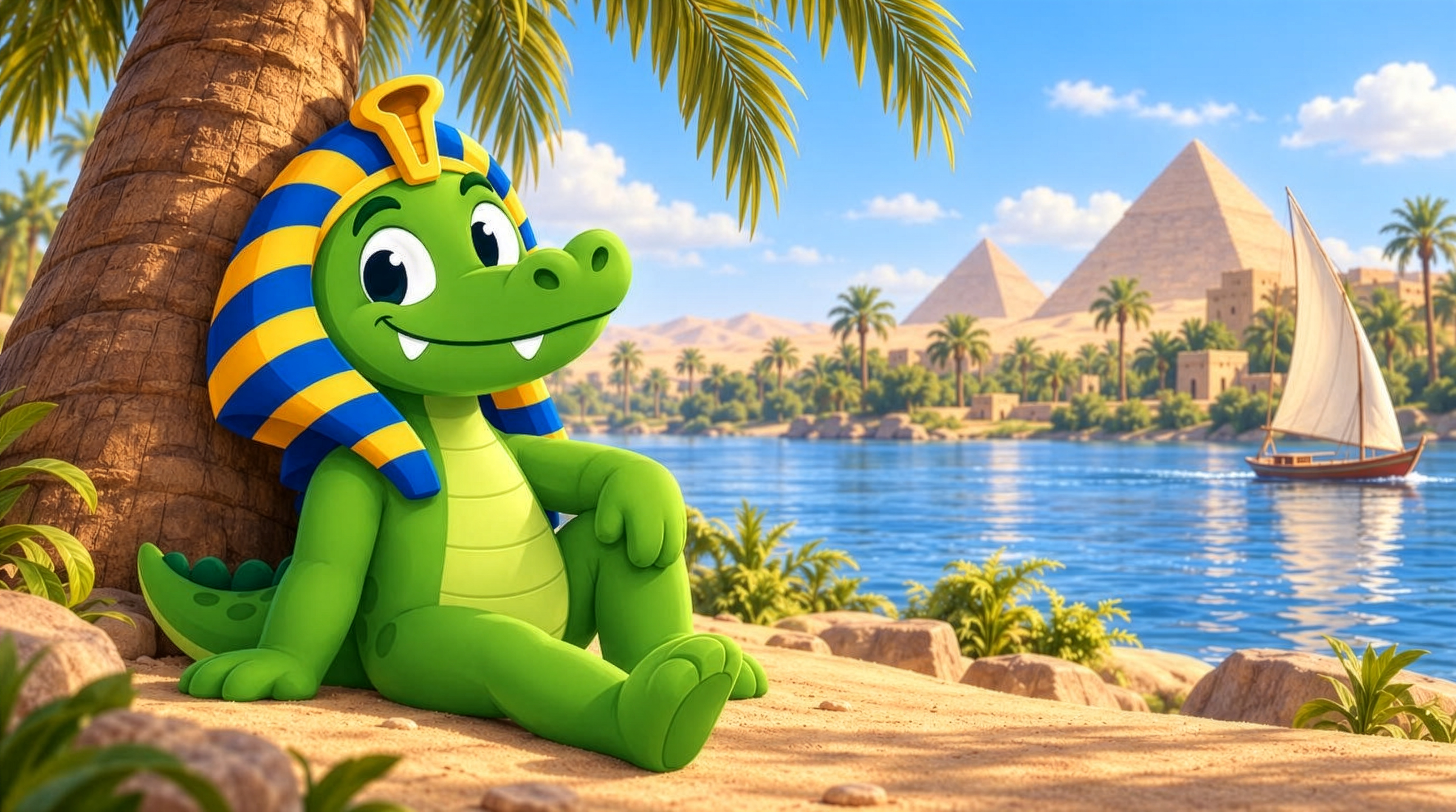 Sobek resting against a palm tree on the bank of the Nile, watching a felucca sail past the pyramids.