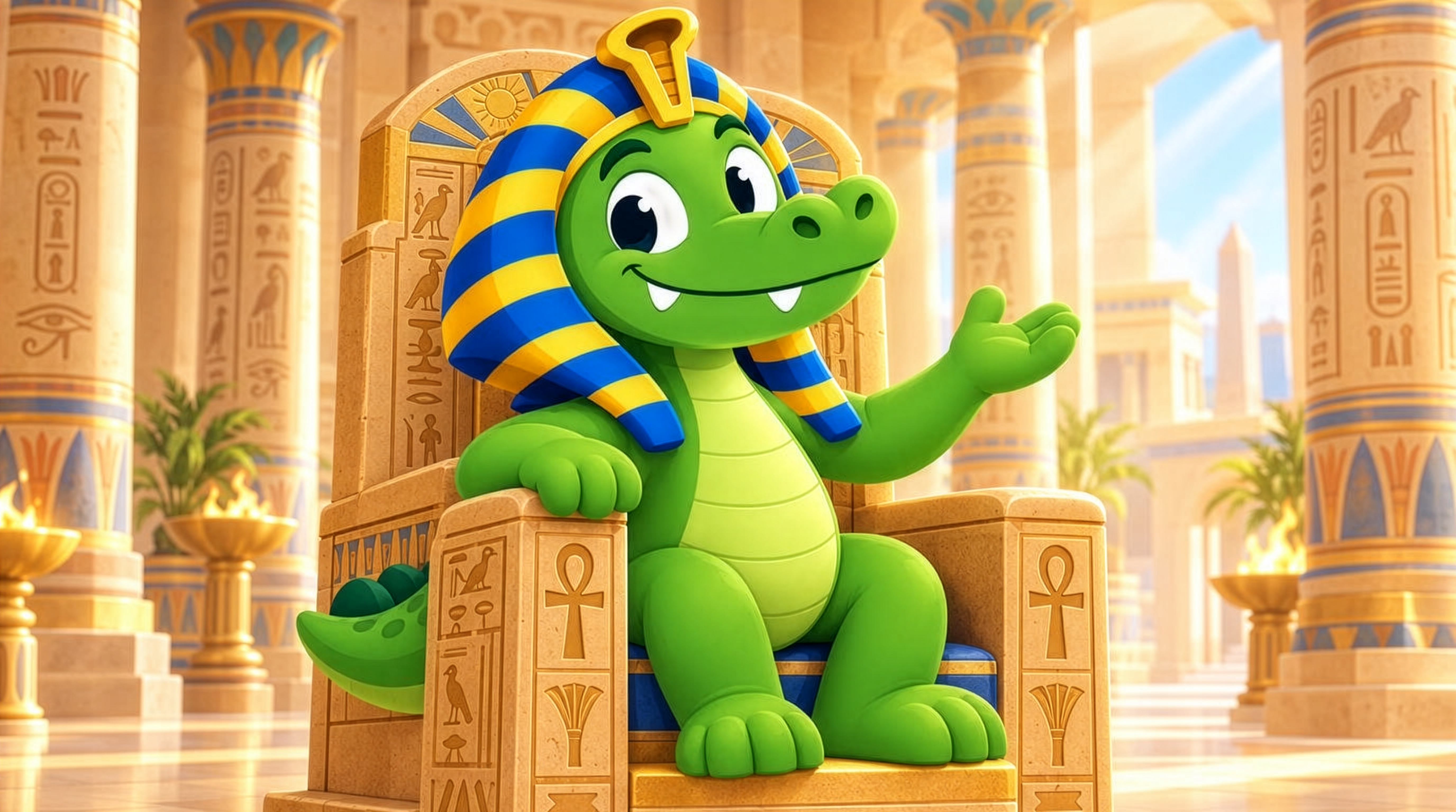 Sobek seated on a carved stone throne in a sunlit temple hall, one hand held out in welcome.