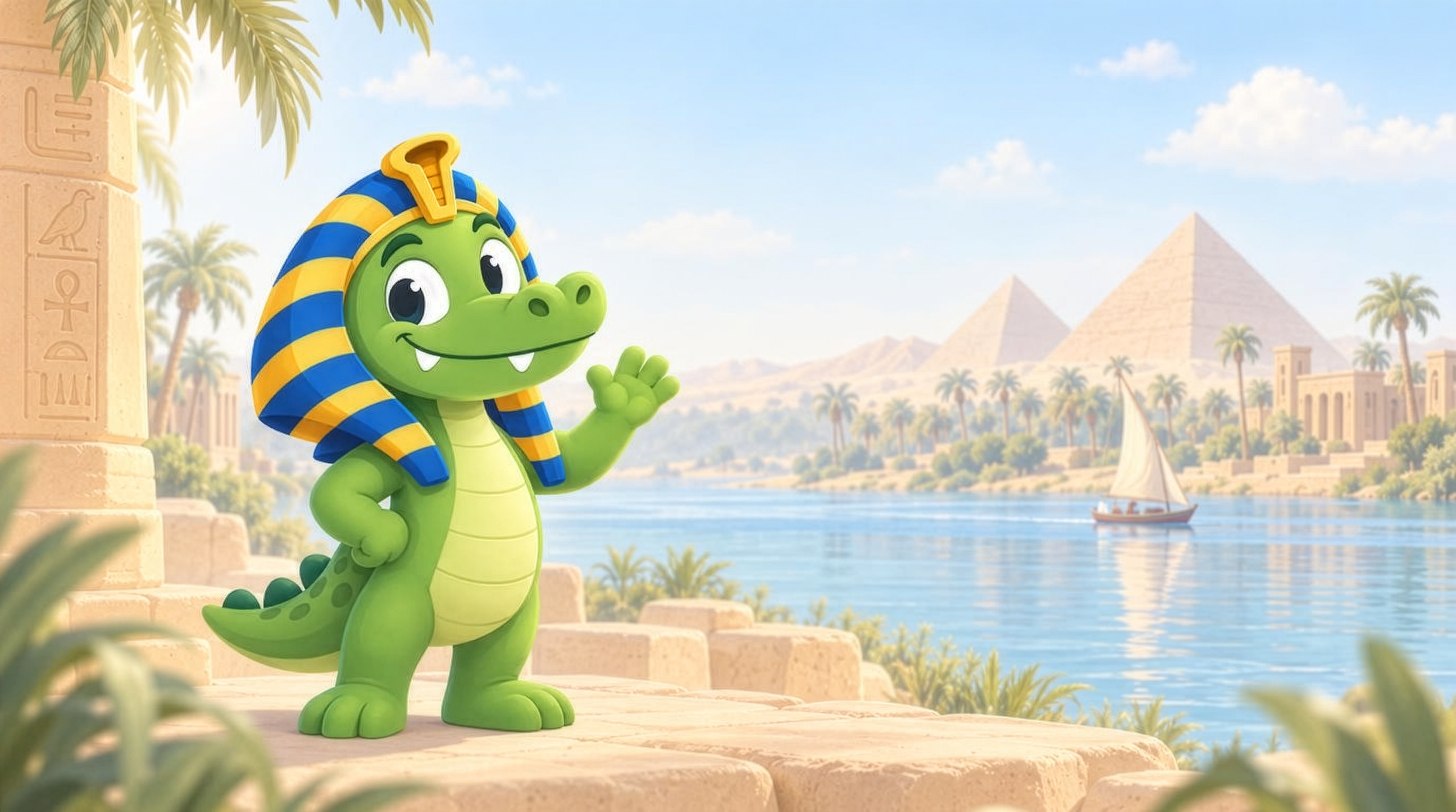 Sobek waving from the stone bank of the Nile, a felucca and the pyramids across the water.